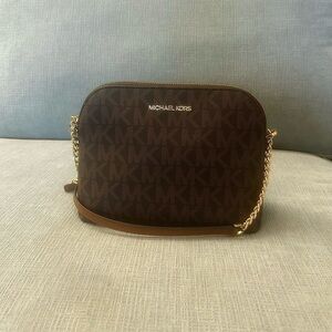 Michael Kors Brown MK Logo Dome Crossbody with Gold Chain